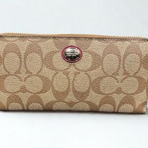 Coach Peyton Beige Canvas Large Wallet, pink accents